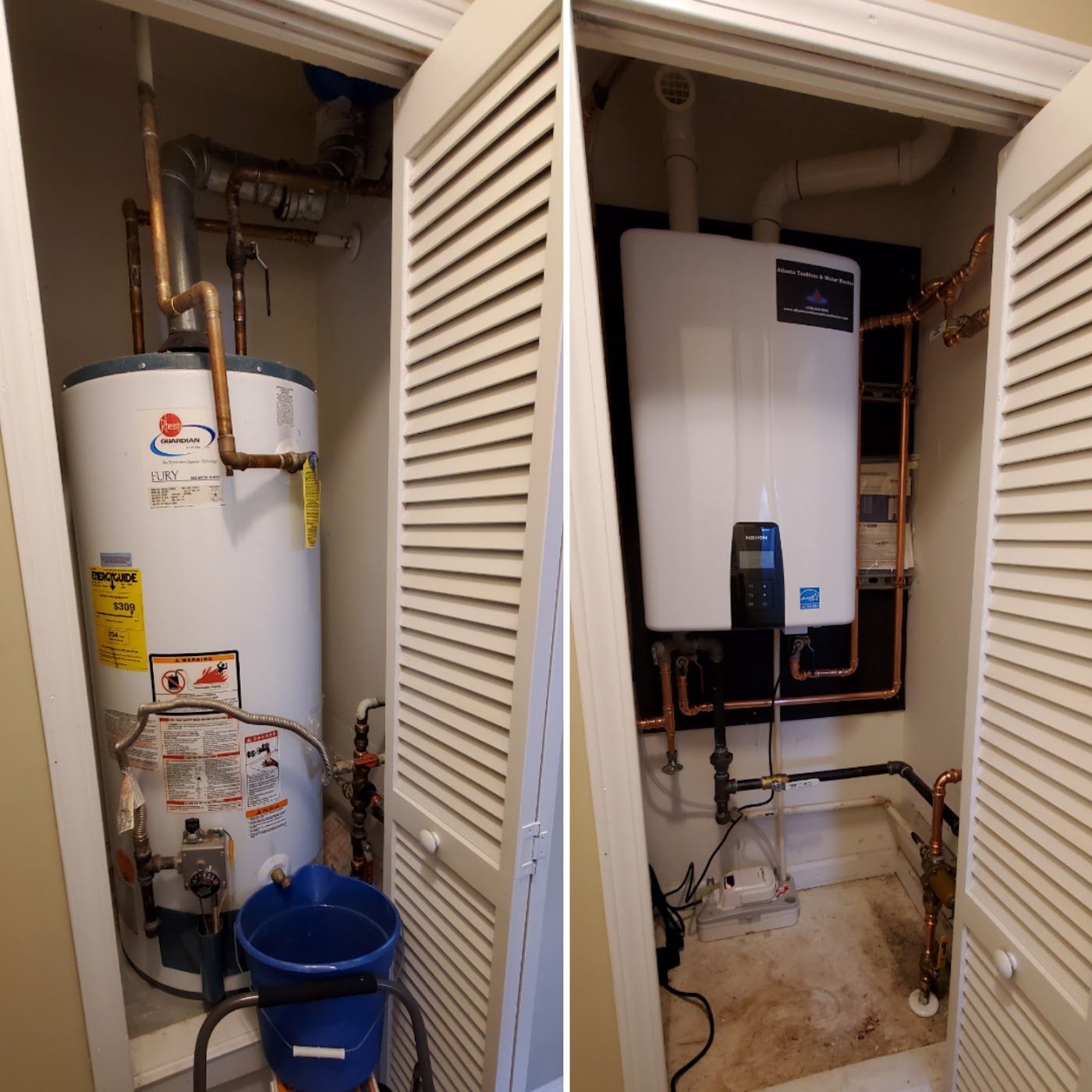 Tankless unit in a utility closet